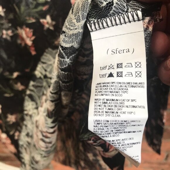 SFERA Spain NEW Lace Floral Sheer Boho Flare Bell Sleeve Peplum Stretch Top Rose - Picture 12 of 15